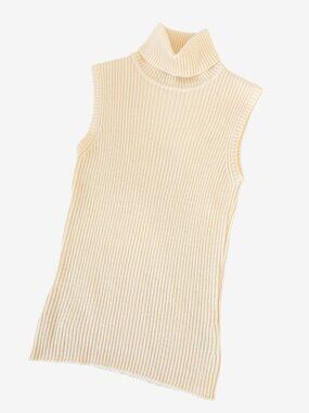 Vintage 1990s Wool Ribbed Cream Sleeveless Turtleneck / Made in Italy / size Sma